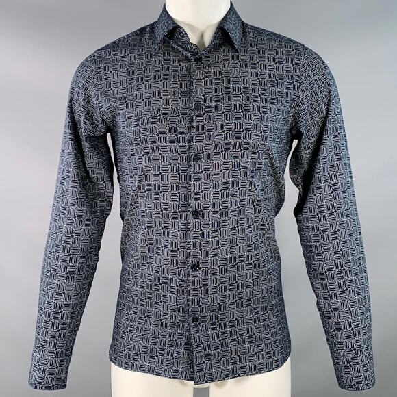 TED BAKER S Andover Navy White Geometric Cotton Blend Slim Fit Long Sleeve Shirt - Picture 1 of 6